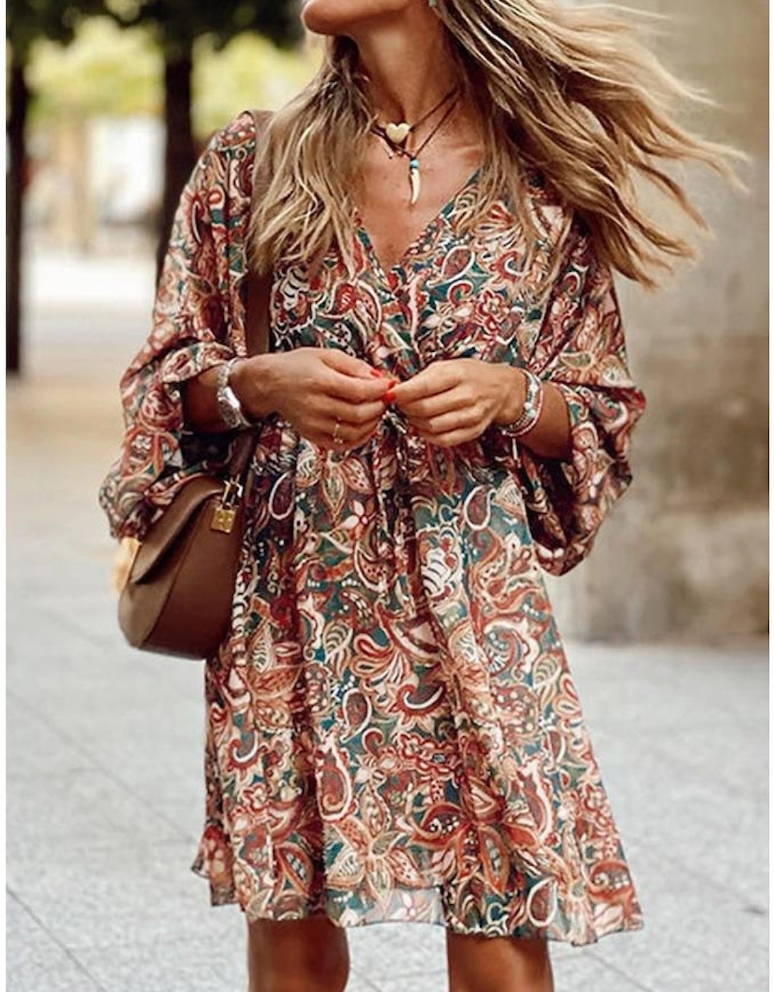 Brown Geometric Print Long Sleeve Surplice Flowy Dress