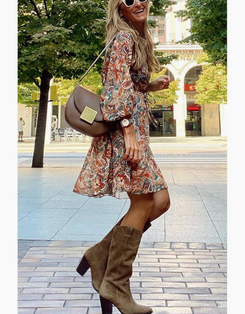 Brown Geometric Print Long Sleeve Surplice Flowy Dress