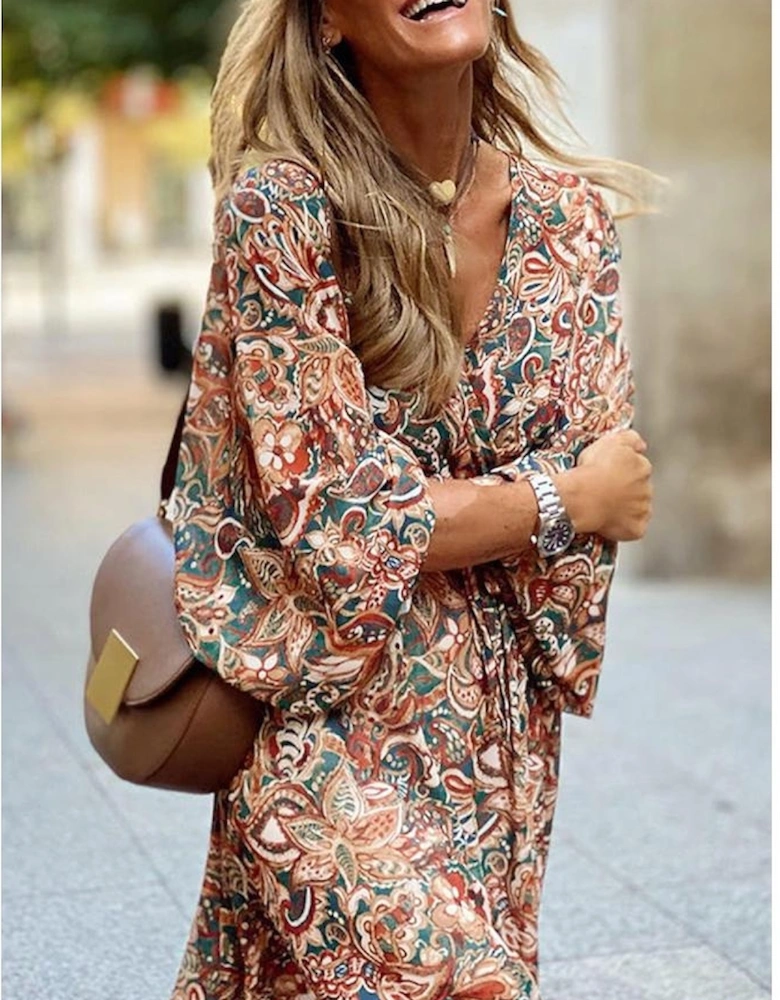 Brown Geometric Print Long Sleeve Surplice Flowy Dress