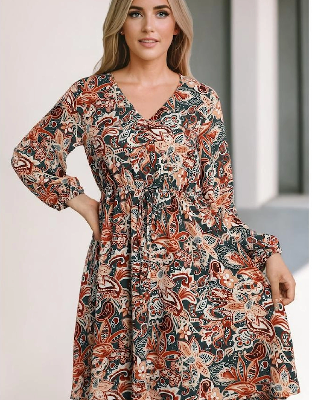 Brown Geometric Print Long Sleeve Surplice Flowy Dress