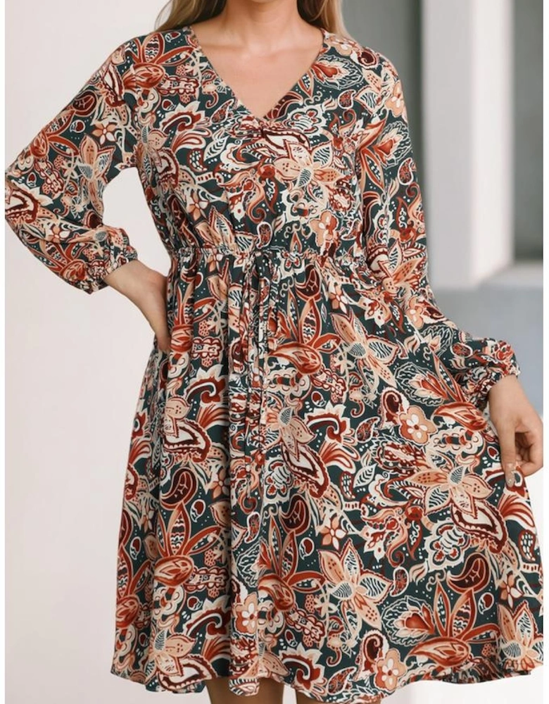 Brown Geometric Print Long Sleeve Surplice Flowy Dress