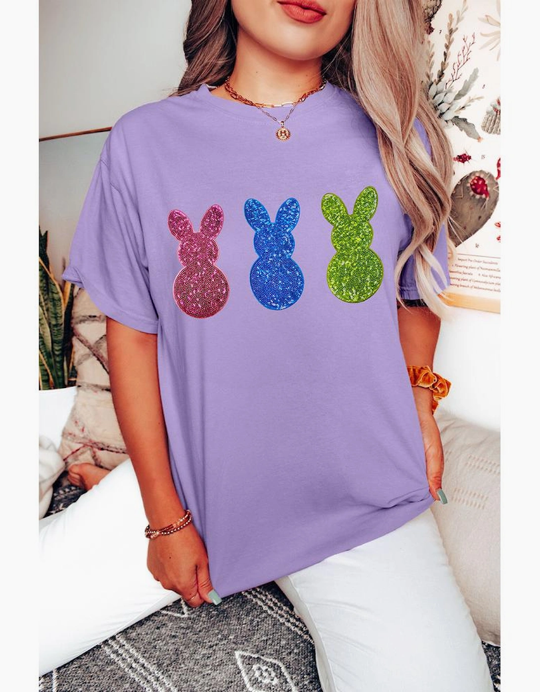 Wisteria Easter Shiny Bunny Graphic Crewneck T Shirt
