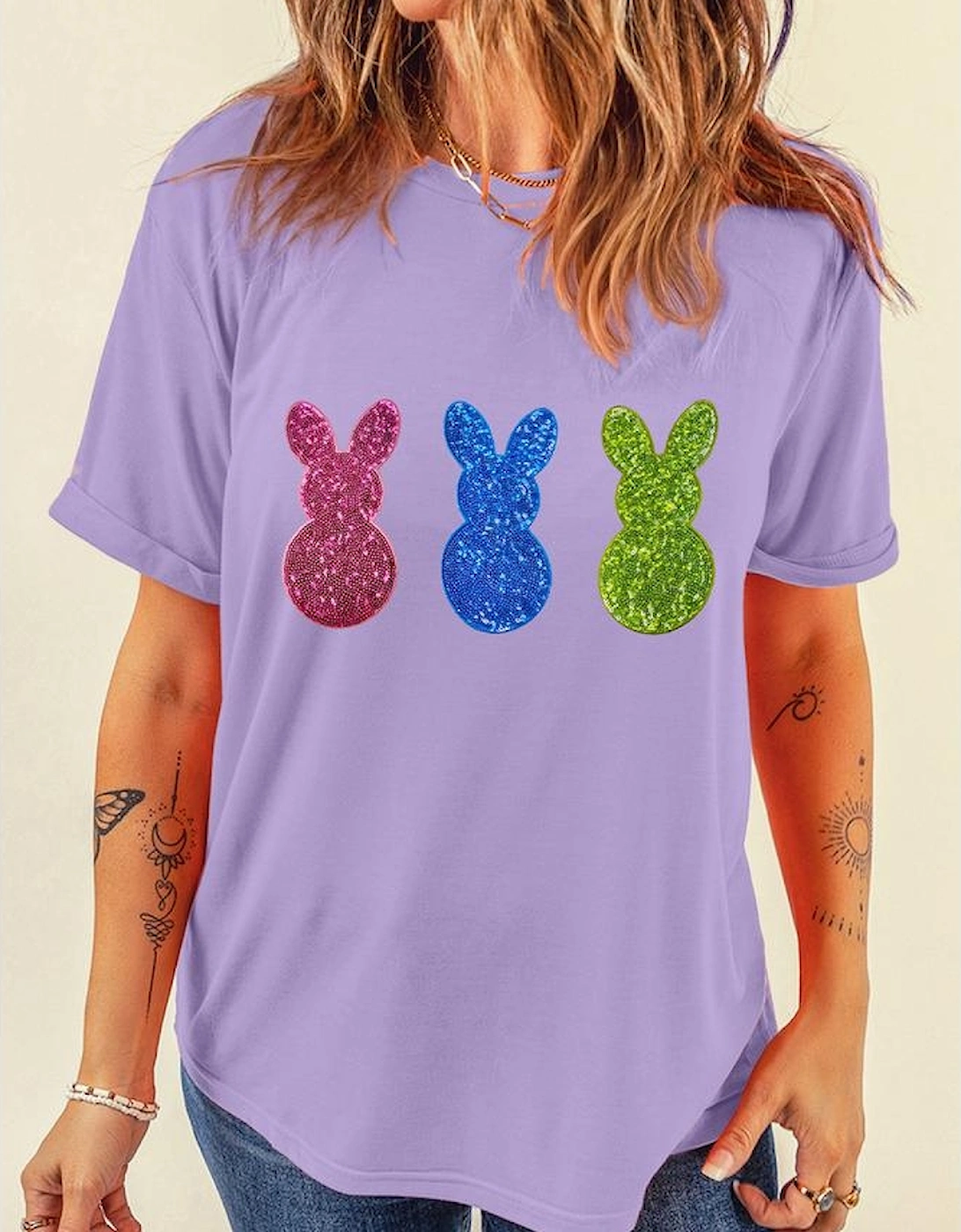 Wisteria Easter Shiny Bunny Graphic Crewneck T Shirt