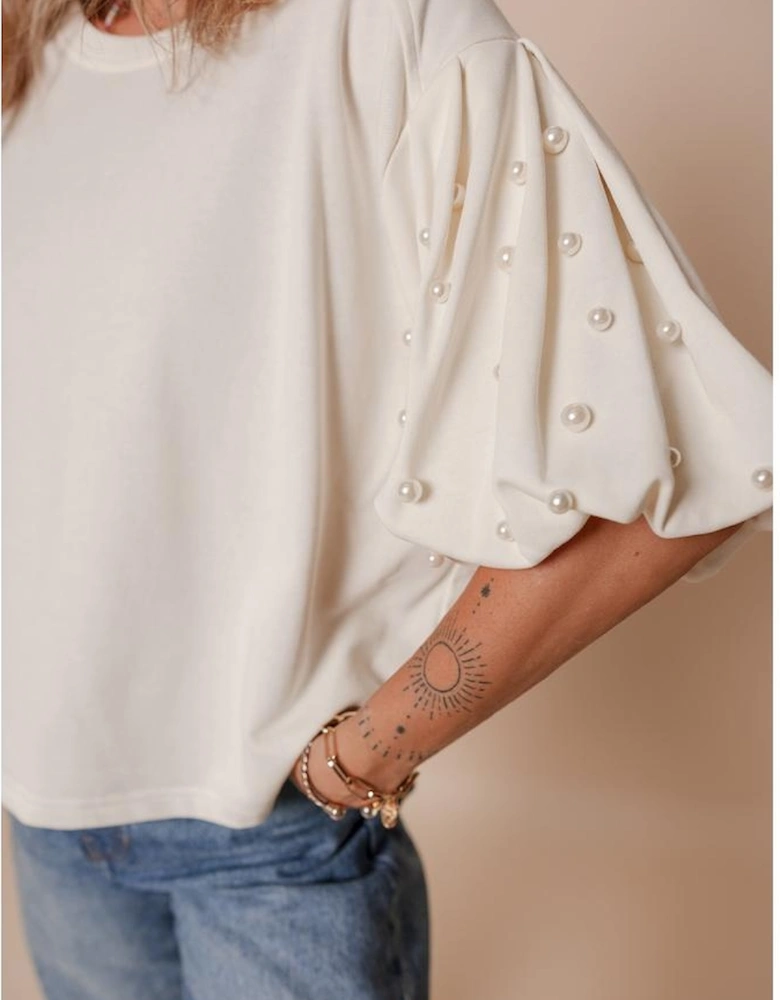 White Pearled Puff Sleeve Round Neck Loose Top