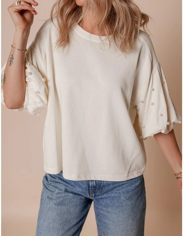 White Pearled Puff Sleeve Round Neck Loose Top