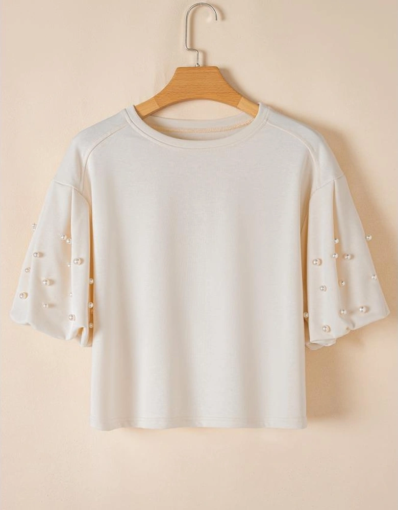 White Pearled Puff Sleeve Round Neck Loose Top