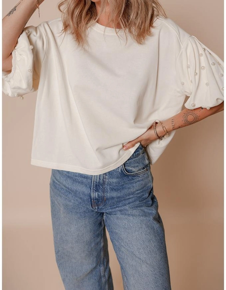 White Pearled Puff Sleeve Round Neck Loose Top