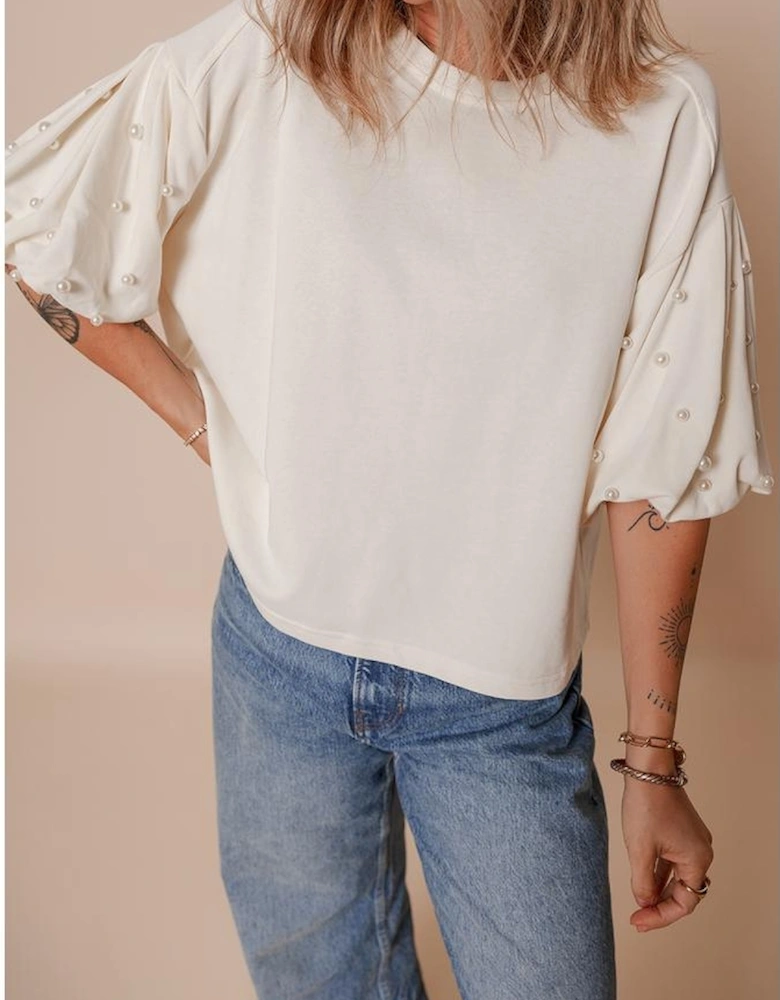 White Pearled Puff Sleeve Round Neck Loose Top