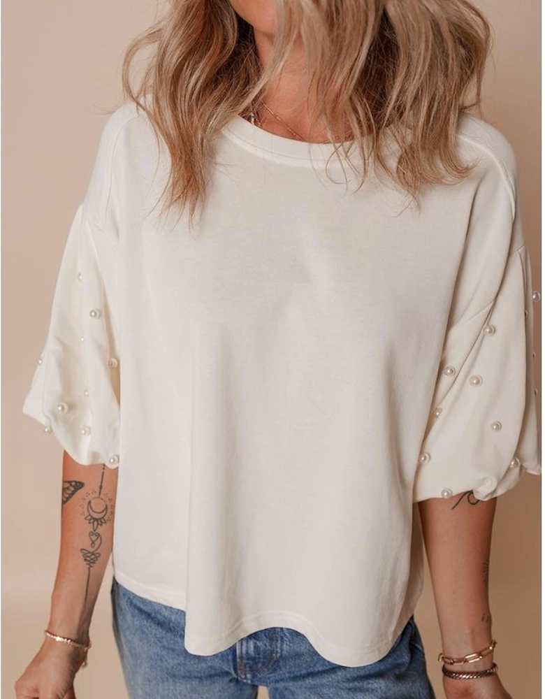 White Pearled Puff Sleeve Round Neck Loose Top