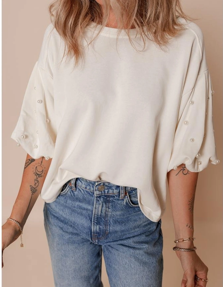 White Pearled Puff Sleeve Round Neck Loose Top