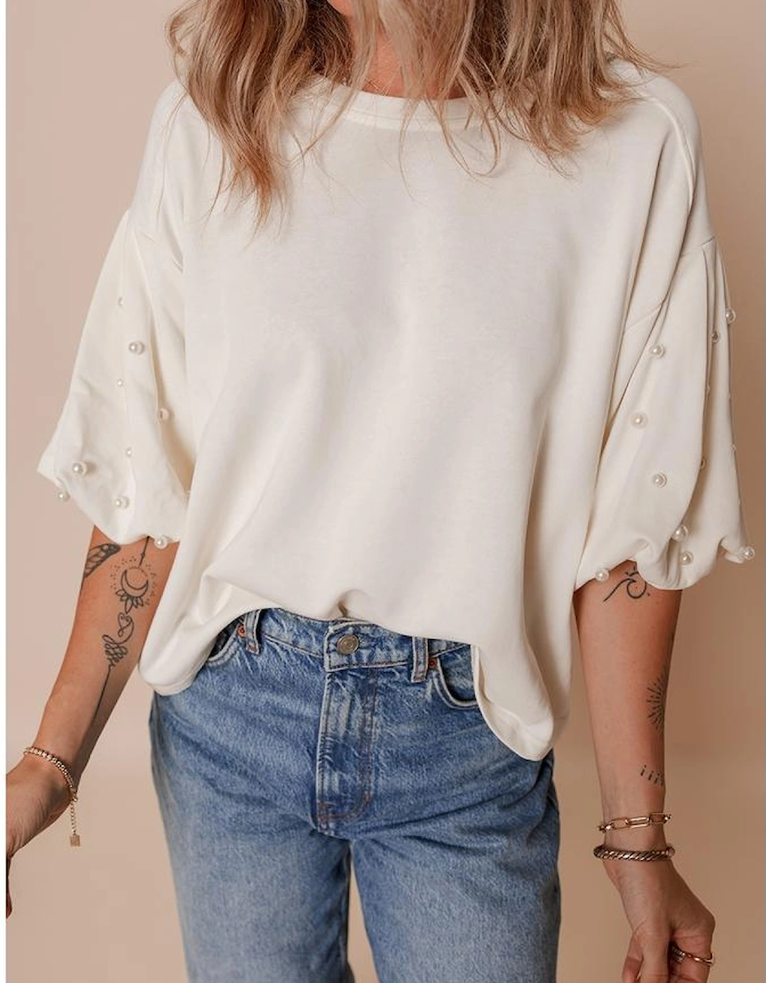 White Pearled Puff Sleeve Round Neck Loose Top
