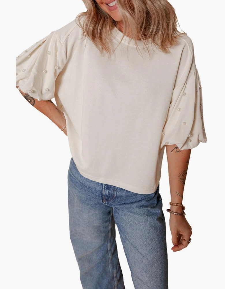 White Pearled Puff Sleeve Round Neck Loose Top