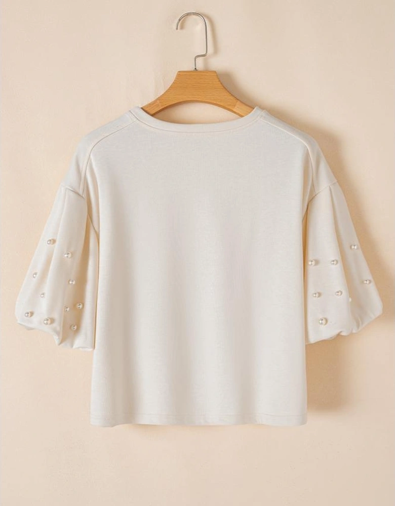White Pearled Puff Sleeve Round Neck Loose Top
