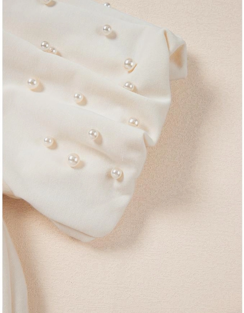 White Pearled Puff Sleeve Round Neck Loose Top