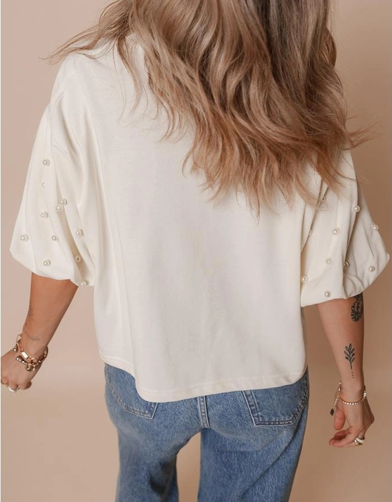 White Pearled Puff Sleeve Round Neck Loose Top