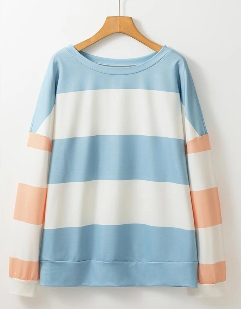 Light Blue Colorblock Striped Drop Shoulder Long Sleeve Top