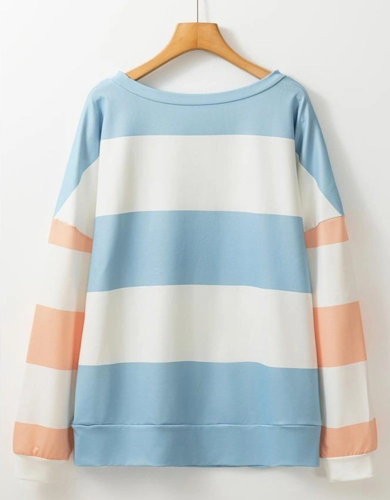 Light Blue Colorblock Striped Drop Shoulder Long Sleeve Top