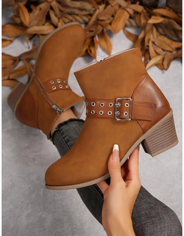 Chestnut Eyelet Buckled Chunky Heel Faux Leather Ankle Boots