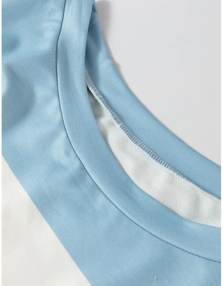 Light Blue Colorblock Striped Drop Shoulder Long Sleeve Top