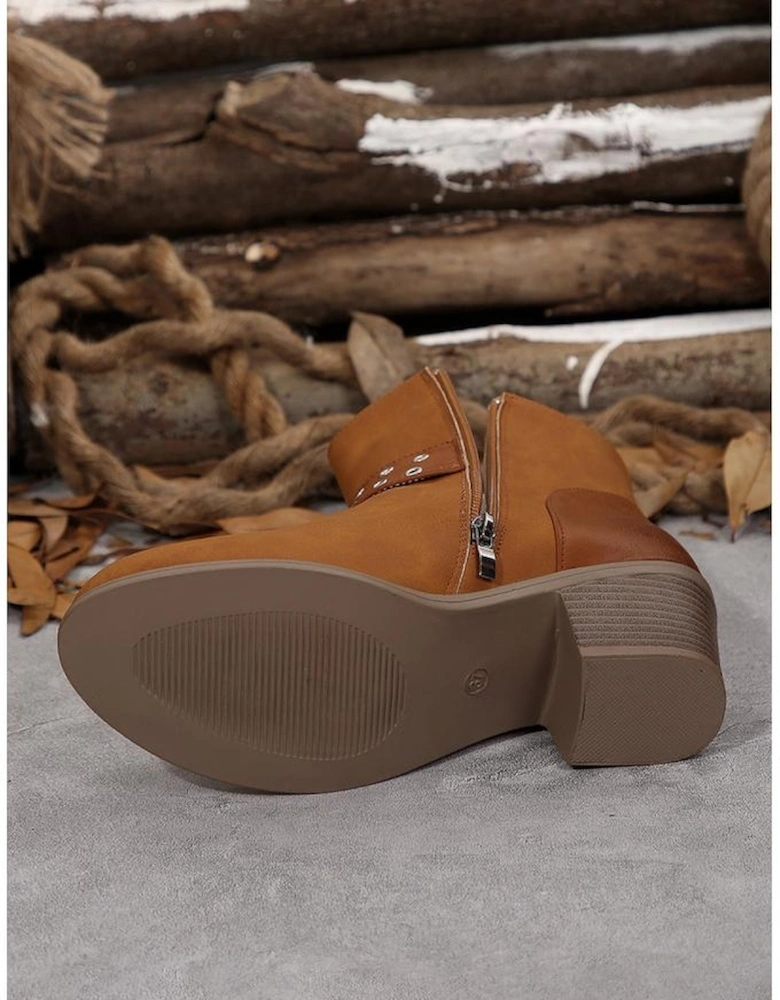 Chestnut Eyelet Buckled Chunky Heel Faux Leather Ankle Boots