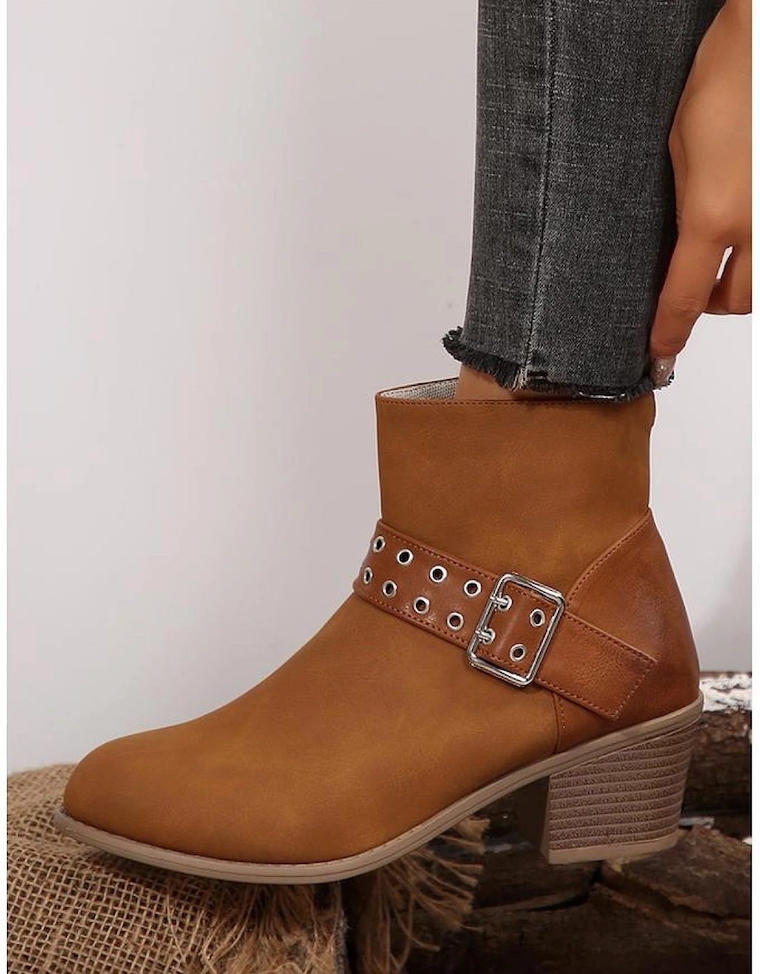 Chestnut Eyelet Buckled Chunky Heel Faux Leather Ankle Boots