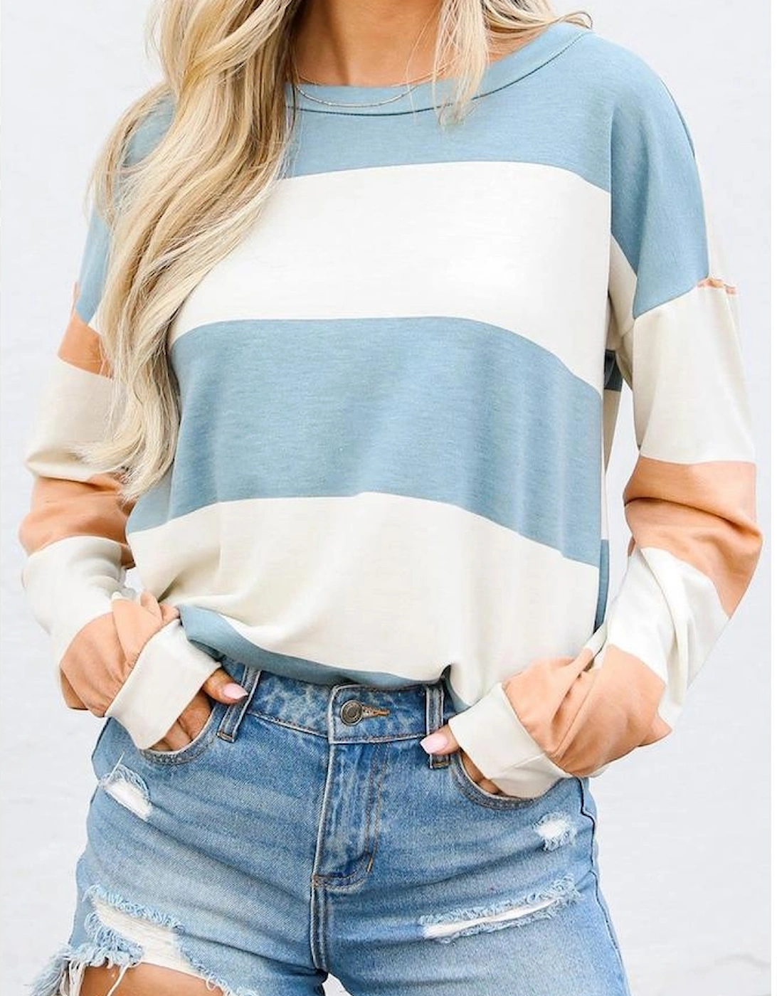 Light Blue Colorblock Striped Drop Shoulder Long Sleeve Top