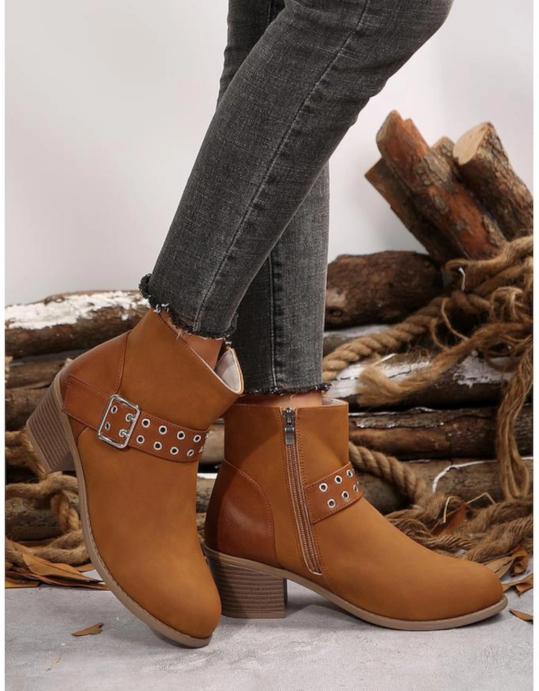 Chestnut Eyelet Buckled Chunky Heel Faux Leather Ankle Boots