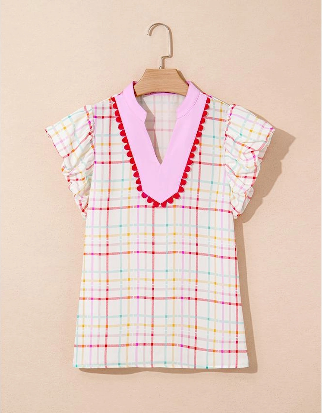 White Plaid Flutter Sleeve Colorblock Ric Rac Split V Neck Blouse