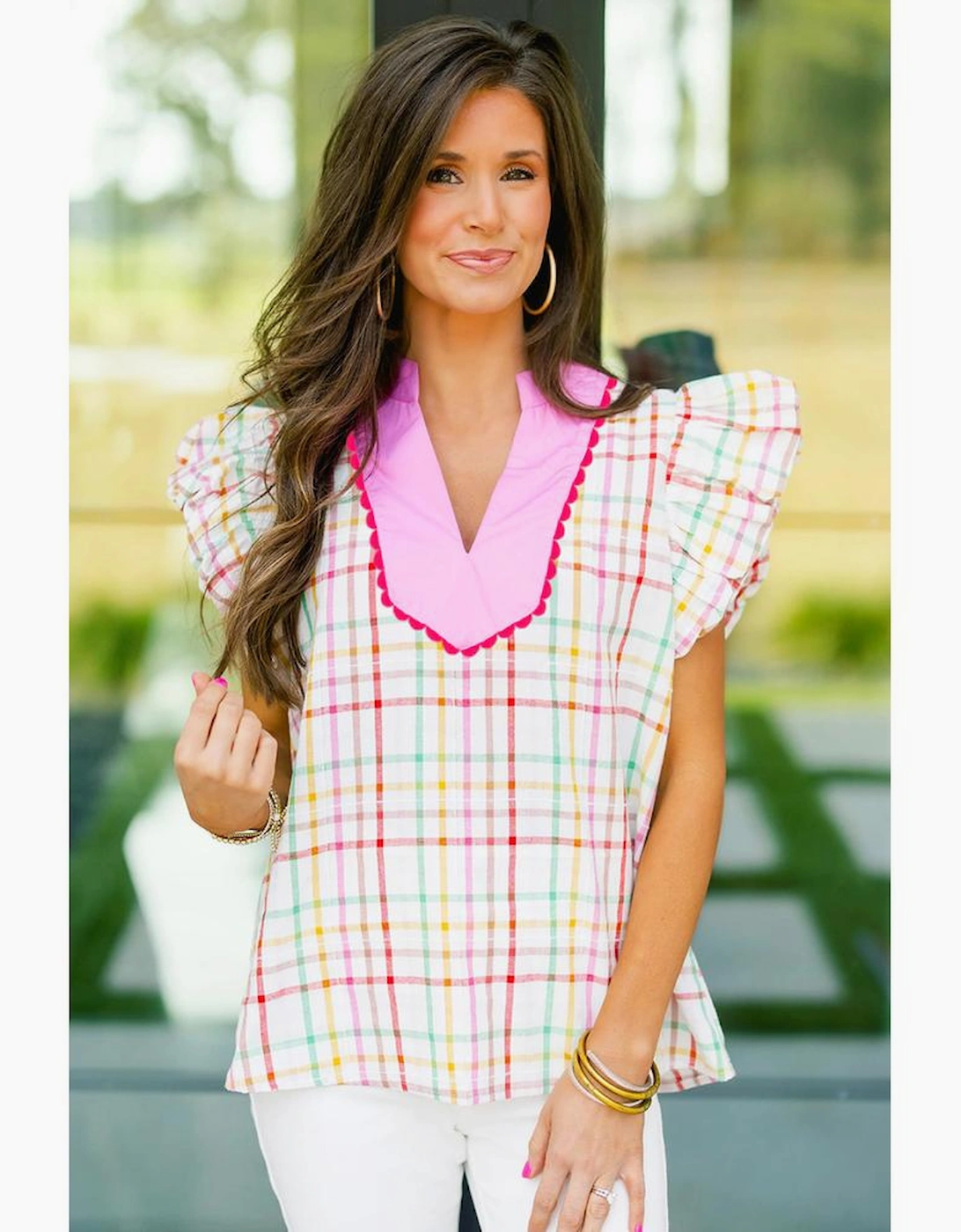 White Plaid Flutter Sleeve Colorblock Ric Rac Split V Neck Blouse, 10 of 9