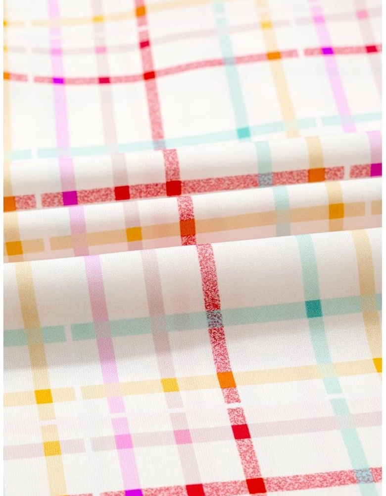 White Plaid Flutter Sleeve Colorblock Ric Rac Split V Neck Blouse