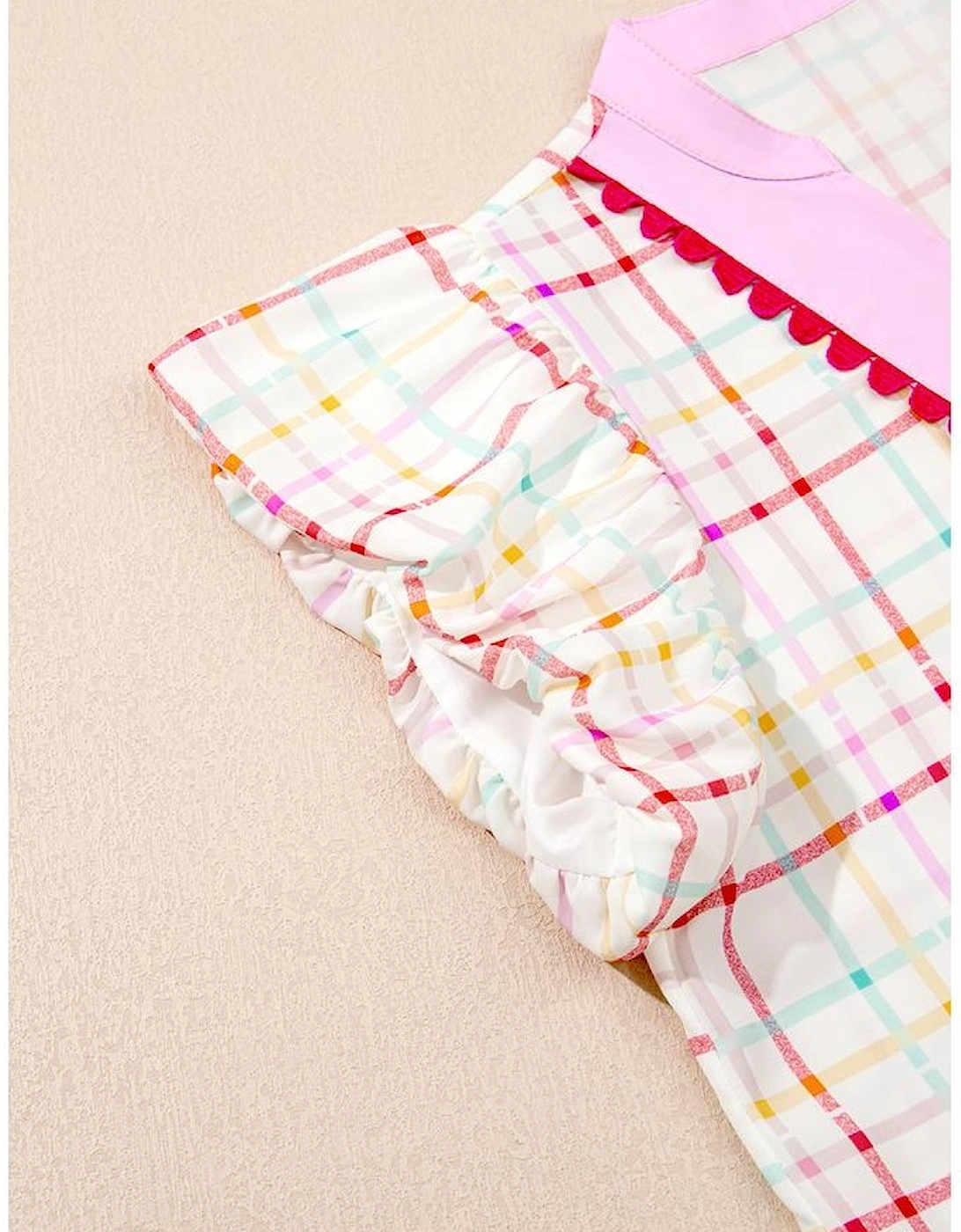 White Plaid Flutter Sleeve Colorblock Ric Rac Split V Neck Blouse