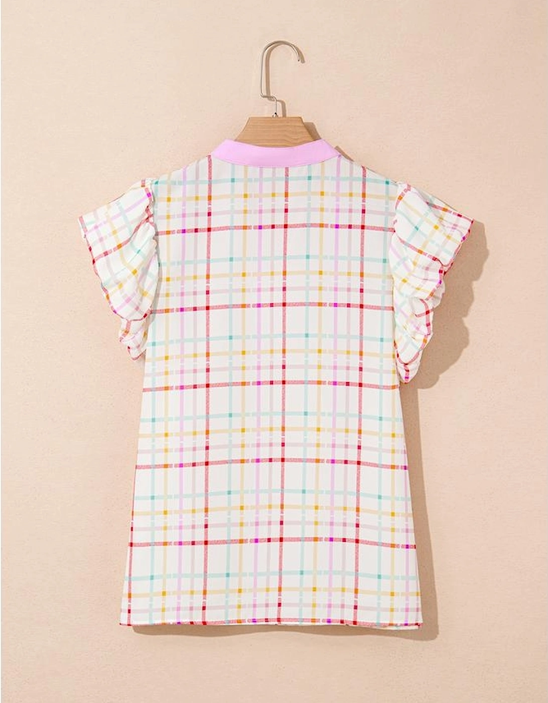 White Plaid Flutter Sleeve Colorblock Ric Rac Split V Neck Blouse