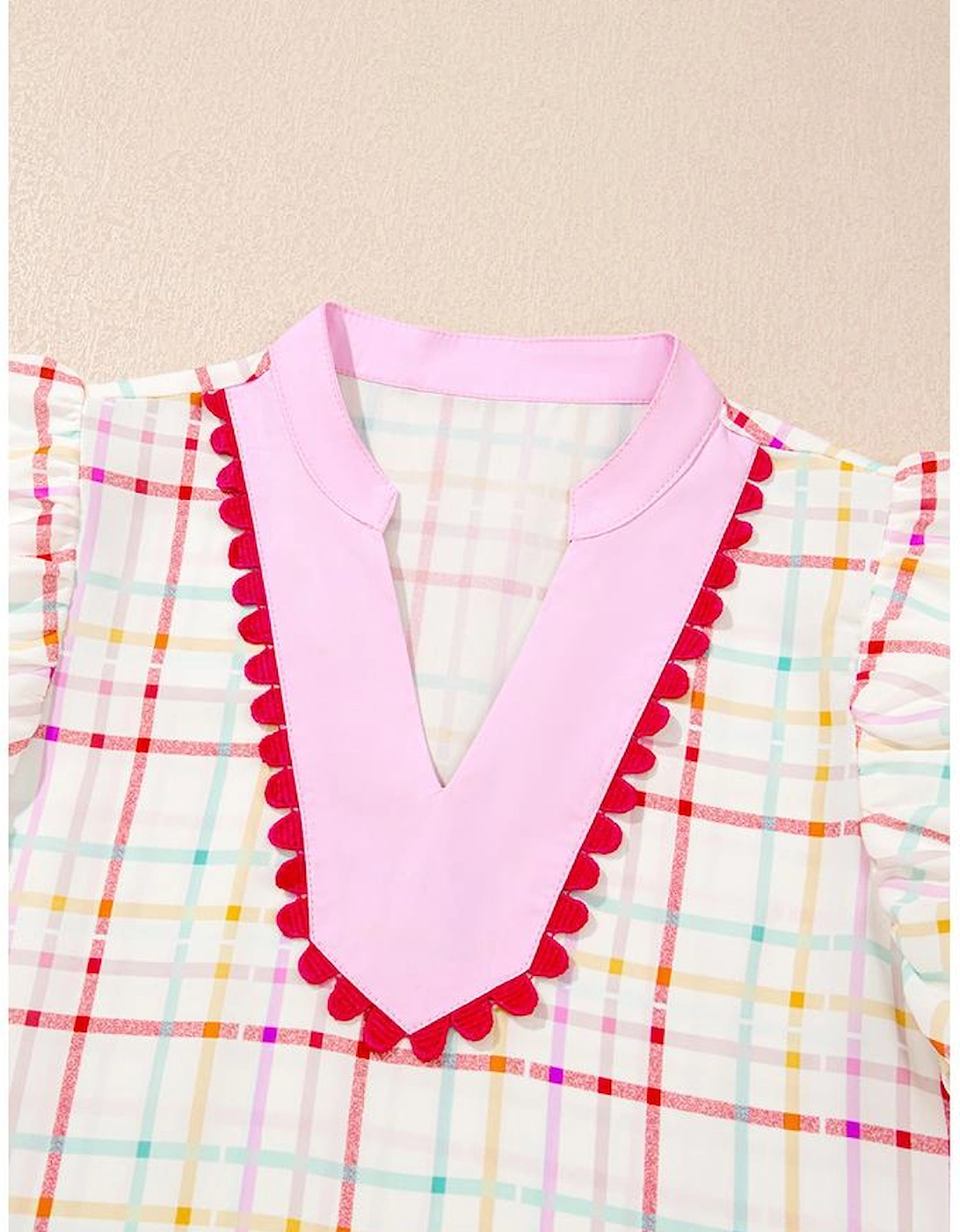 White Plaid Flutter Sleeve Colorblock Ric Rac Split V Neck Blouse