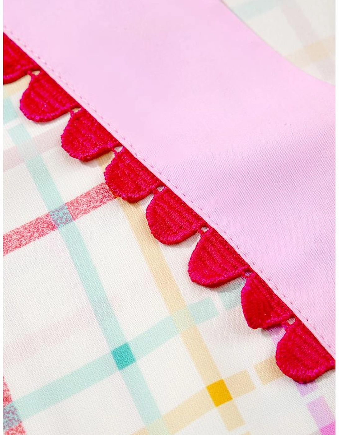 White Plaid Flutter Sleeve Colorblock Ric Rac Split V Neck Blouse