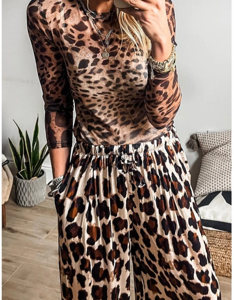 Brown Leopard Round Neck Long Sleeve Slim Top