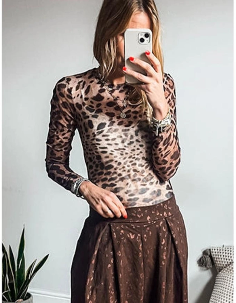 Brown Leopard Round Neck Long Sleeve Slim Top