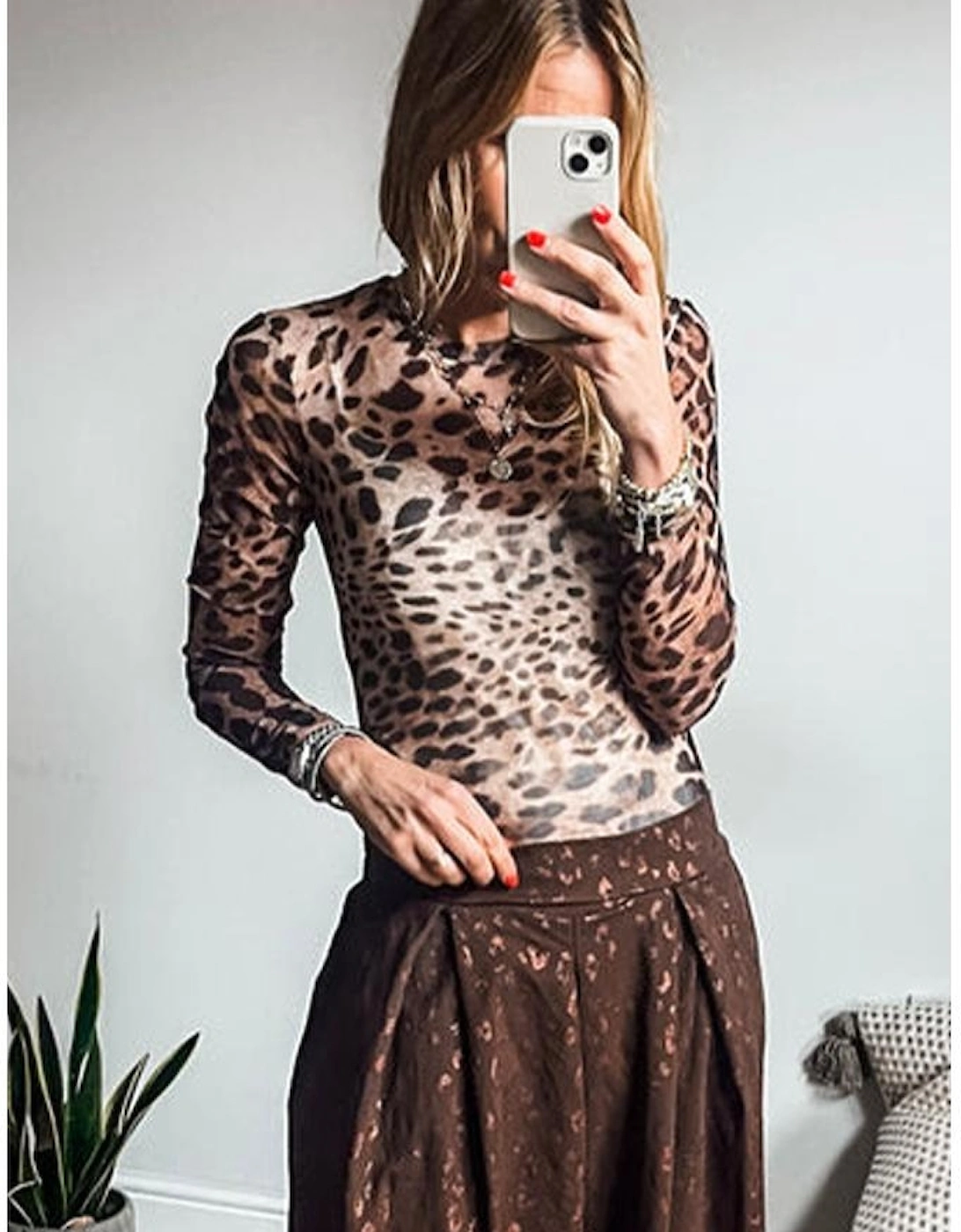 Brown Leopard Round Neck Long Sleeve Slim Top