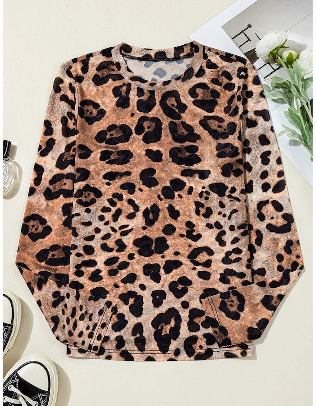 Brown Leopard Round Neck Long Sleeve Slim Top, 12 of 11