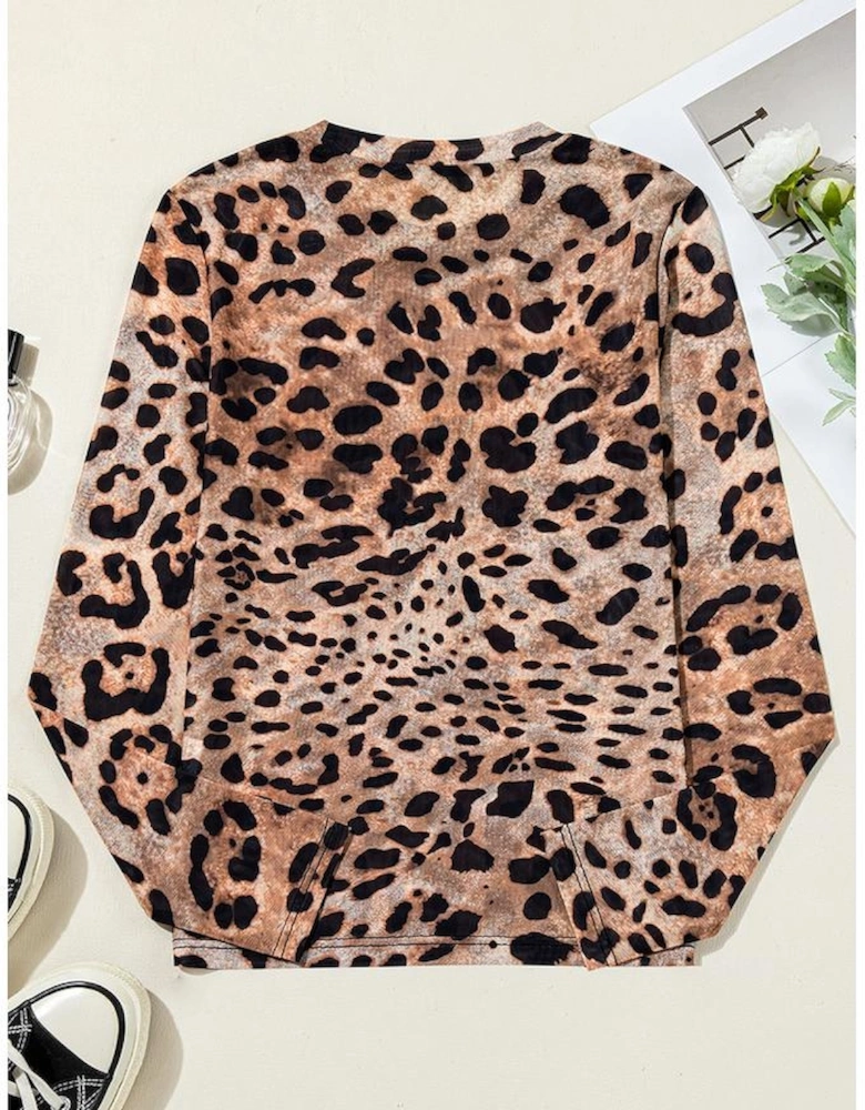 Brown Leopard Round Neck Long Sleeve Slim Top