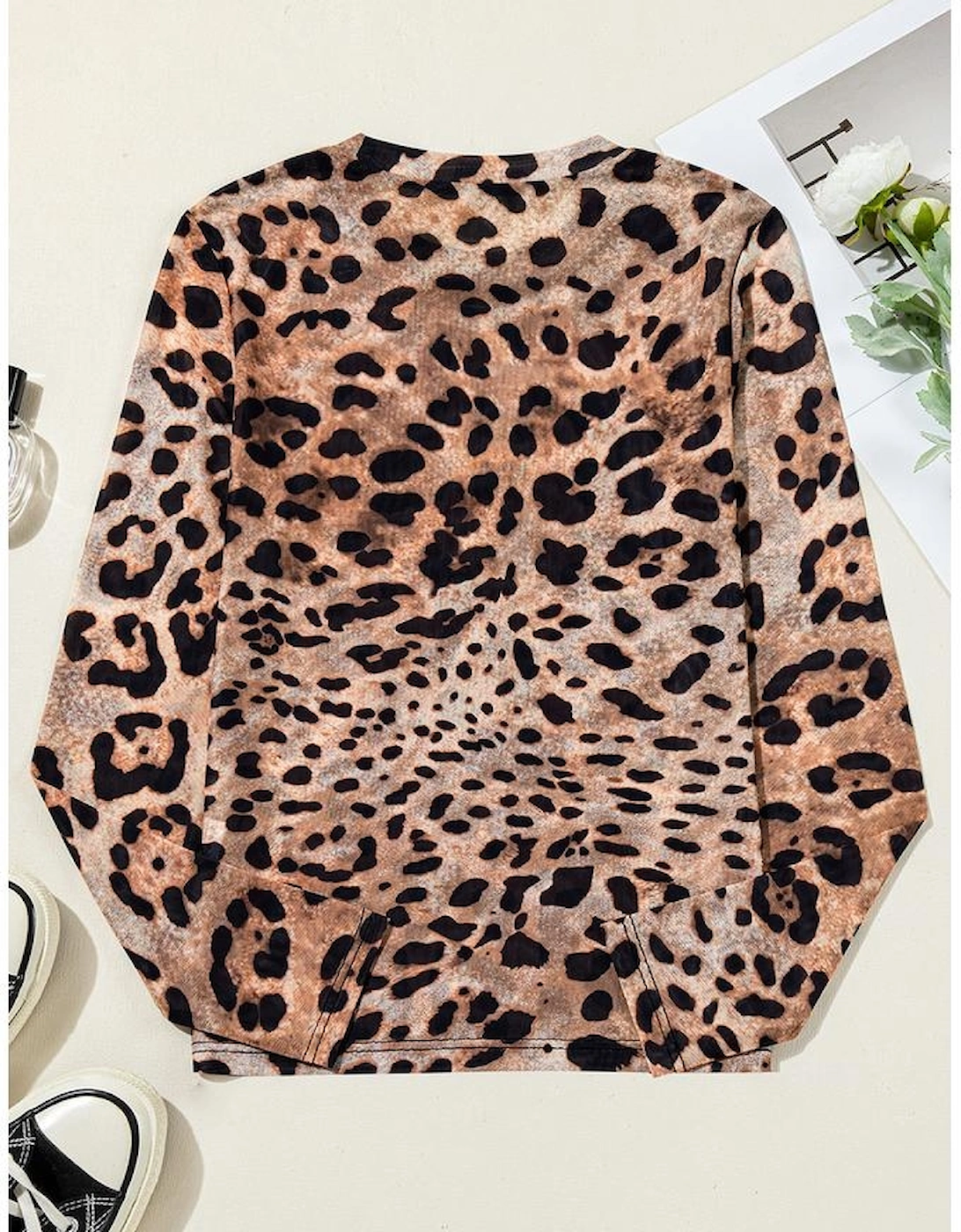 Brown Leopard Round Neck Long Sleeve Slim Top