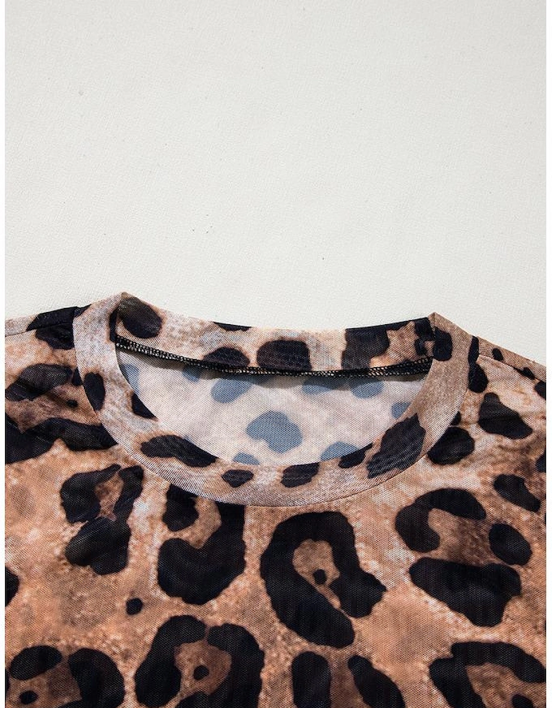 Brown Leopard Round Neck Long Sleeve Slim Top