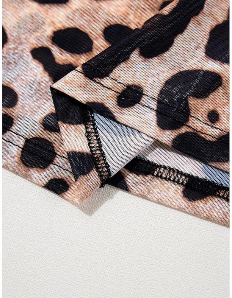 Brown Leopard Round Neck Long Sleeve Slim Top