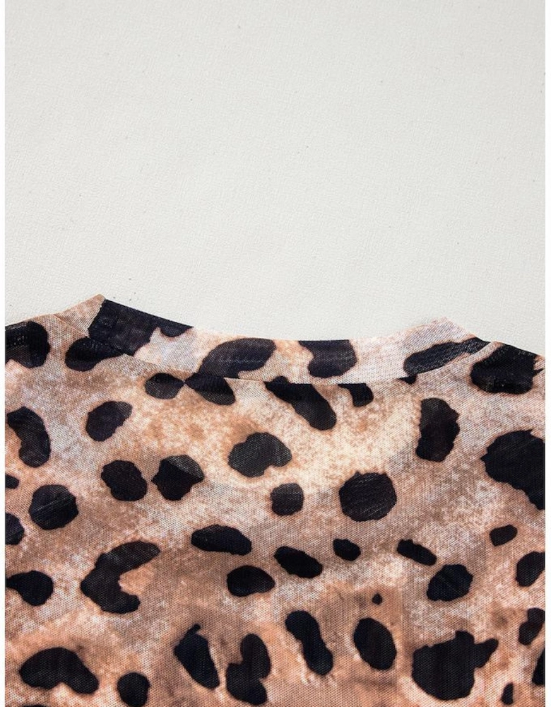 Brown Leopard Round Neck Long Sleeve Slim Top