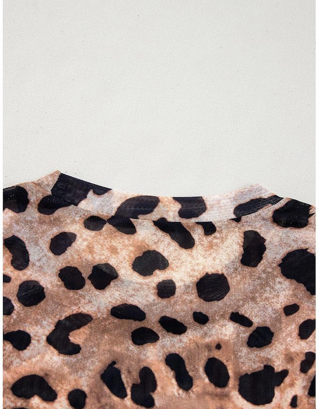 Brown Leopard Round Neck Long Sleeve Slim Top