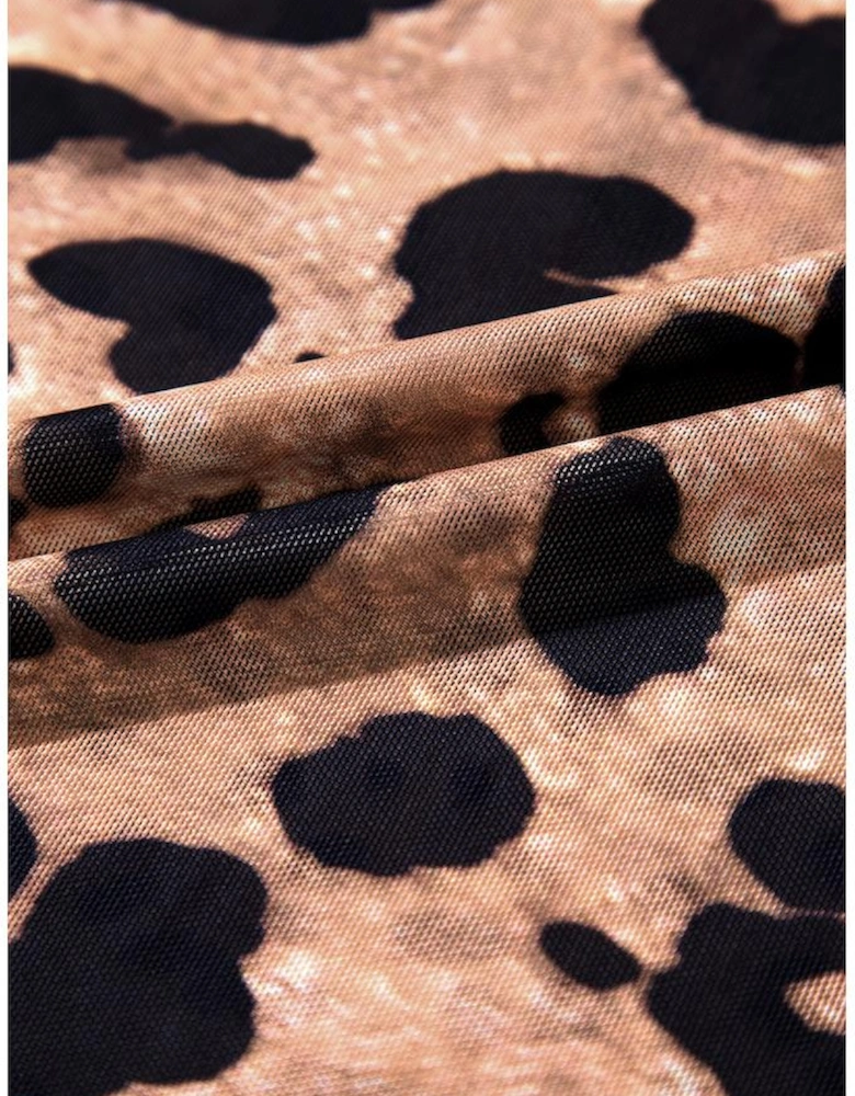 Brown Leopard Round Neck Long Sleeve Slim Top