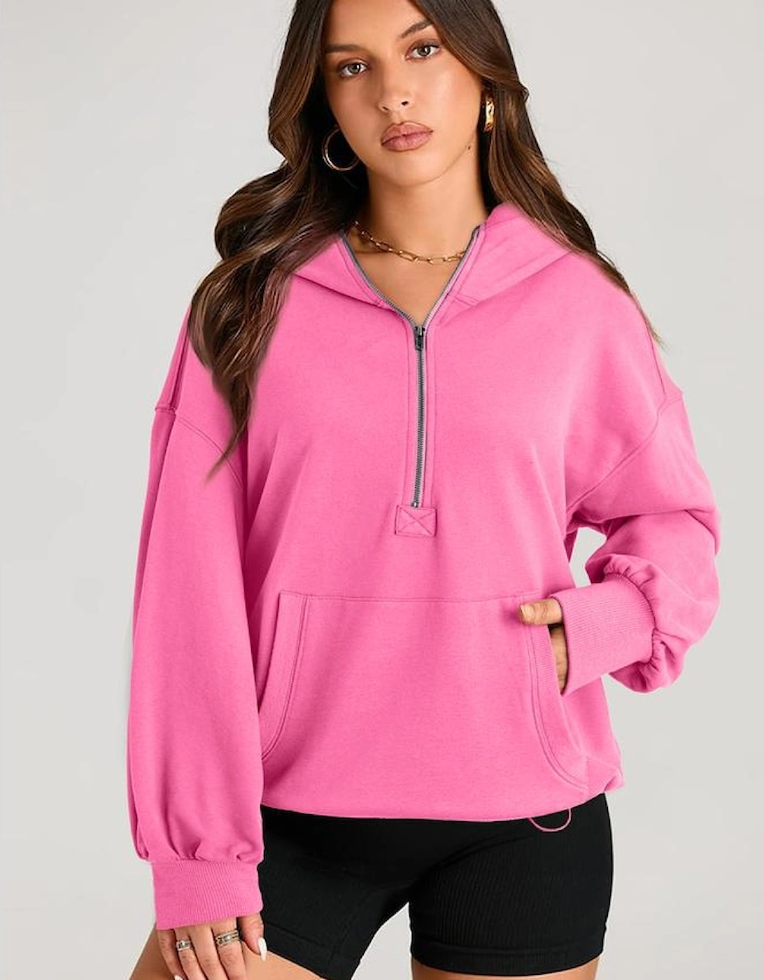 Bonbon Solid Kangaroo Pocket Half Zipper Oversized Hoodie
