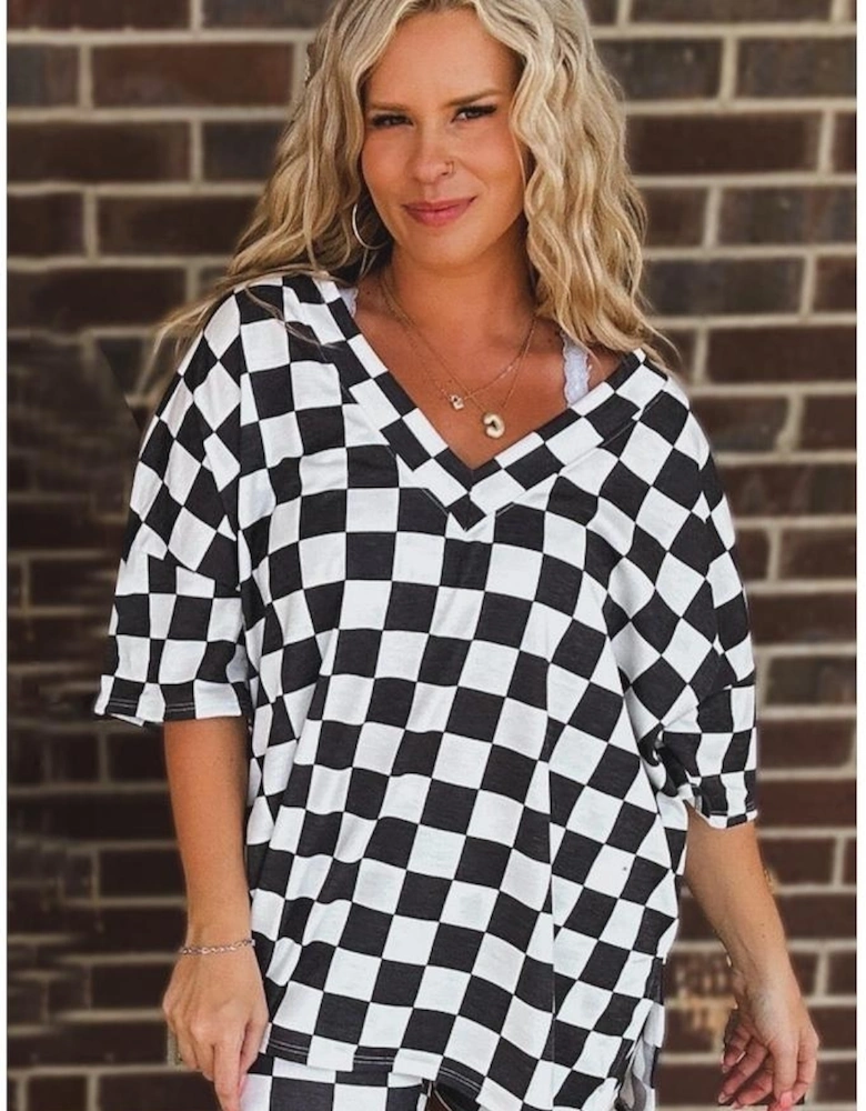 Black Checkered Pattern Tee and Shorts Plus Size Two Piece Set