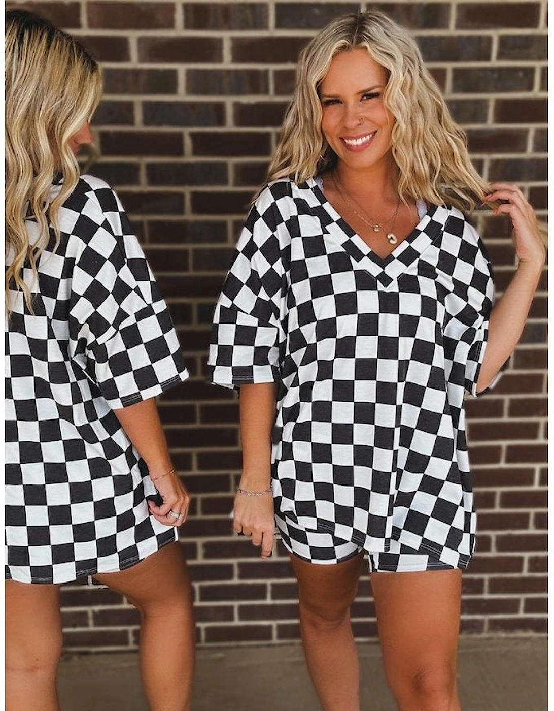 Black Checkered Pattern Tee and Shorts Plus Size Two Piece Set