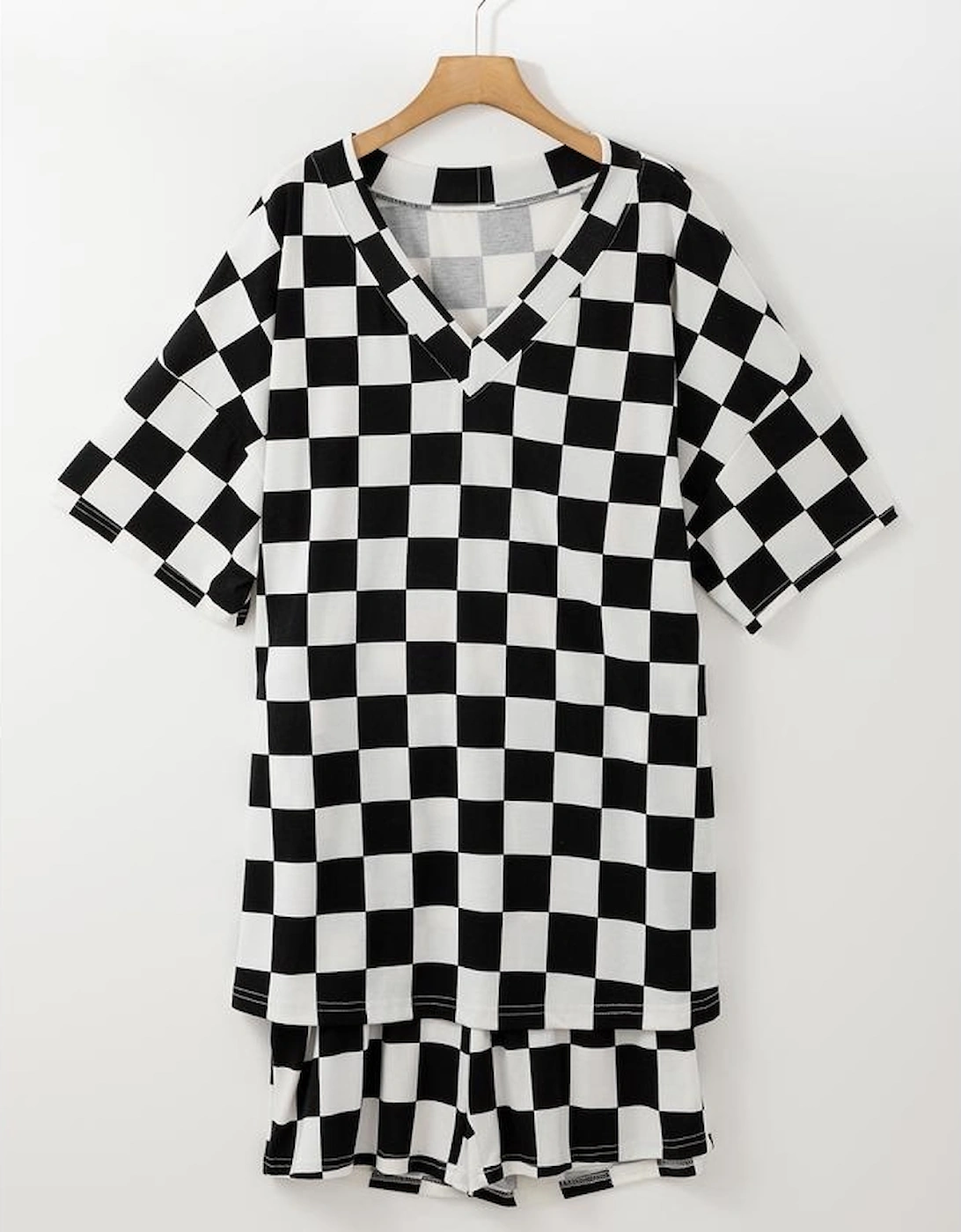 Black Checkered Pattern Tee and Shorts Plus Size Two Piece Set