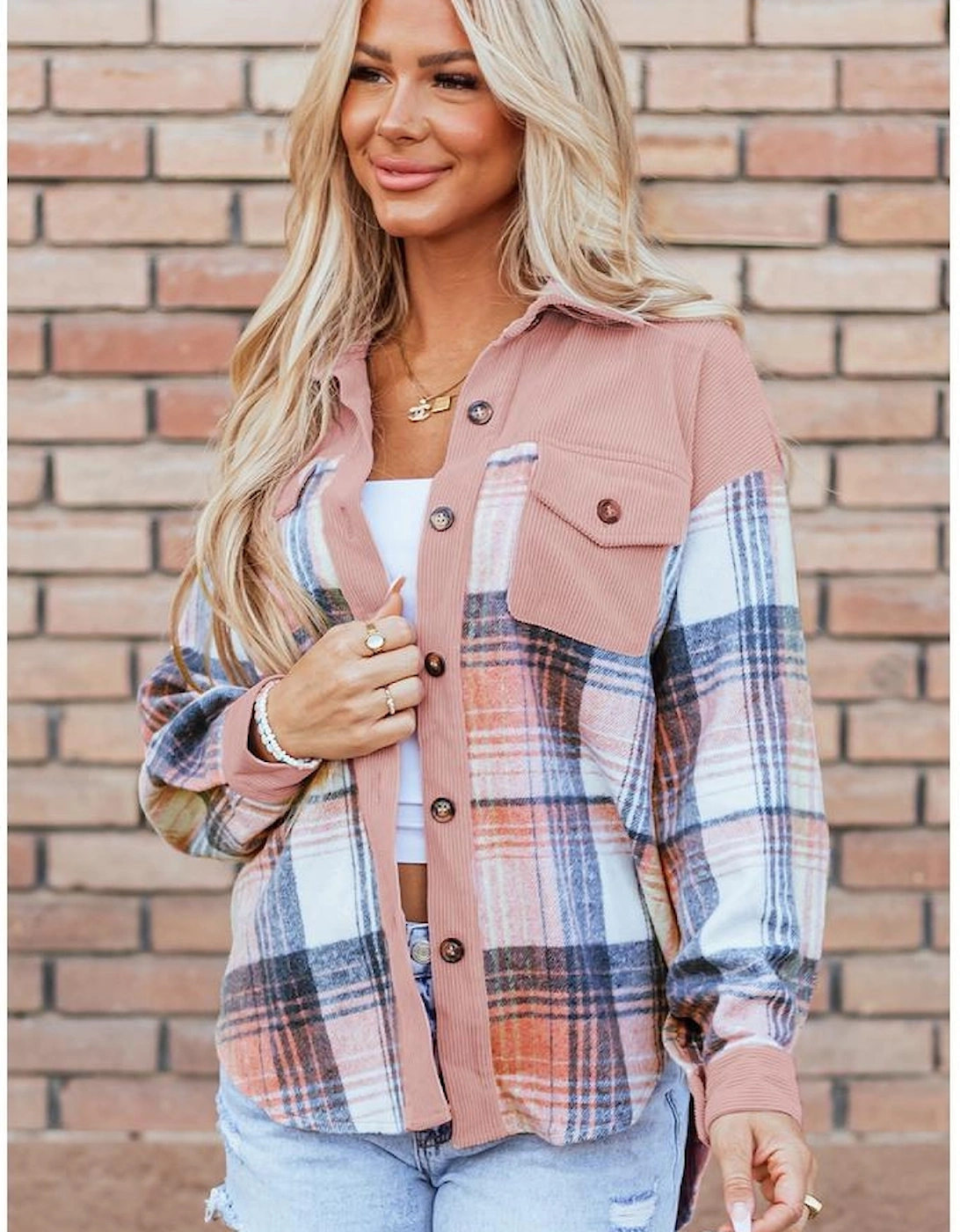 Light Pink Plaid Corduroy Patchwork Chest Pocket Shacket